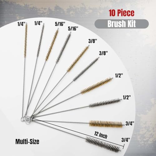 PMD Products 10-Piece Tube Cleaning Brush Kit | Brass Wire Bore Brushes & Stainless Steel Brushes 12" Long (1/4" to 3/4") for Tubes, Cylinders, and Narrow Spaces
