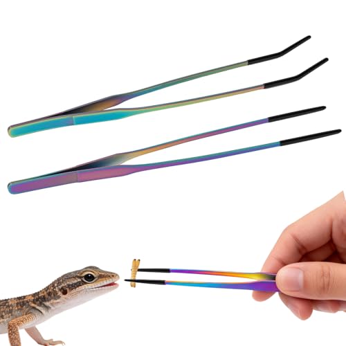 2PCS Reptile Feeding Tongs,10.6" Extra Long Stainless Steel Tweezers with Rubber Tips, Bearded Dragon Lizards Aquarium Straight and Curved Tweezers for Snake Feeding, Terrarium, Aquarium(Colorful) - color: Colorful