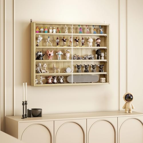 HOMCOM 5-Tier Display Cabinet, Glass Door Cabinet with Adjustable Shelves, Wall-Mounted Display Case for Playroom, Bedroom, Oak - color: Oak
