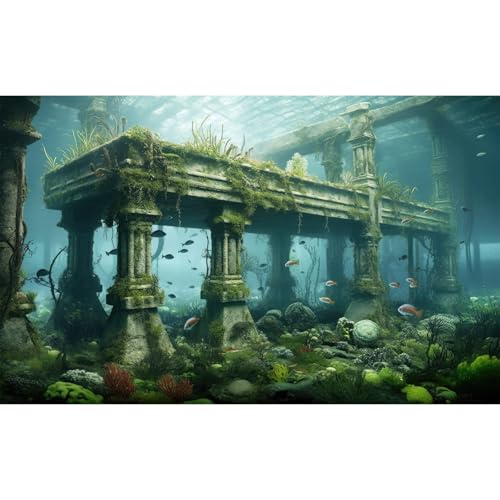Under The Sea Fish Tank Background Sunken Ancient City Ruins Aquarium Background Mysterious Submerged City Sea Plants Terrarium Backgrounds Coral Reef Ruins Reptile Tank Enclosure Backgrounds 24x12in - color: Green_Gray, size: 24(W)x12(H)in