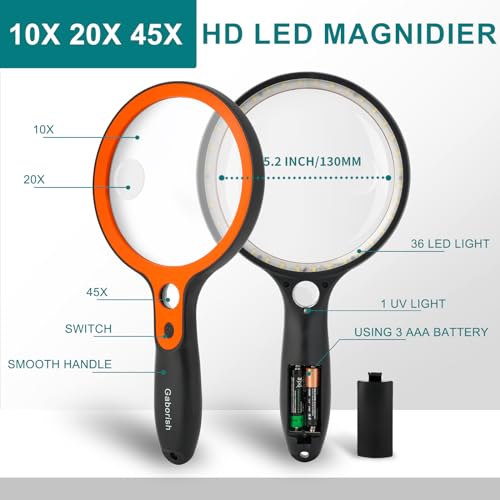 Large Magnifying Glass with 36 LED Light and Case, 10X 20X 45X Handheld Illuminated Lighted Magnifier with 1 UV Light for Seniors Reading, Inspection, Coins, Exploring Close Work - style: Magnifier with 36 LED Light and Case