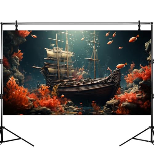 Pirate Shipwreck Aquarium Background Under The Sea Coral Reefs Fish Tank Background Underwater Sunken Ship Landscape Terrarium Background Tropical Sea Marine Life Aquarium Tank Background 72x24in - color: Red, size: 72(W)x24(H)inches/ 180(W)*60cm(H)