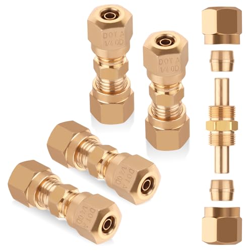 Air Brake Nylon Tubing Brass Union Fitting, 1/4" Air Compression Straight Union Fittings for Nylon Hose with D.O.T Approved (Pack 4)
