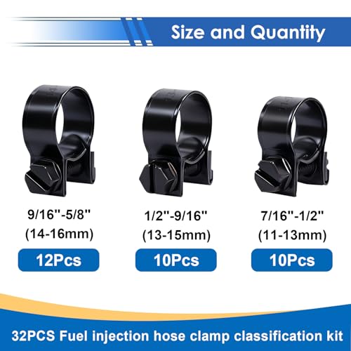 smseace 32Pcs Black Fuel Line Clamps Fuel Injection Hose Clamps 1/4inch 5/16inch 3/8inch Zinc Plated High Pressure Hose Clamps For Diesel/Petrol Pipe in Automotive,Marine,Truck - size: 10-16mm