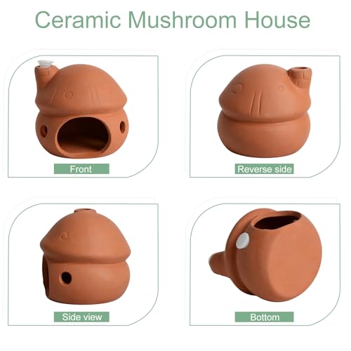 Saim Ceramic Mushroom Cottage Aquarium Decor – No-Paint Betta Cave & Toad House, Axolotl Hide & Shrimp Hideout, Pleco Breeding Cave with Betta Leaf Pad for Freshwater/Saltwater Tank - color: Natural Color & Leaf