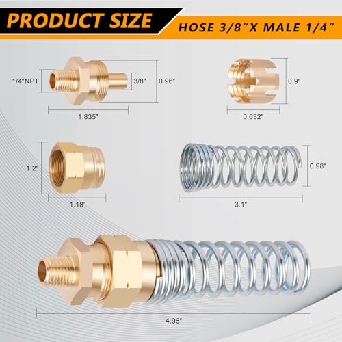 3/8” Hose x 1/4” Male Connector with Spring Guard, Dazakoot 3/8“ Hose End Fitting - Upgraded Brass DOT Air Line End Connector, 8 Pack Air Brake Hose Fitting & 8 Pack Sleeve Tube - size: 3/8" Hose X 1/4" Male, style: 16PCS KIT