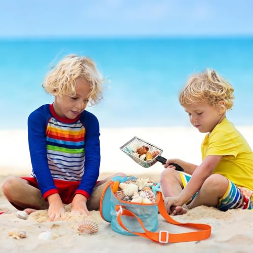 2PCS Beach Mesh Shovel with 2PCS Mesh Beach Bag for Sand Filter and Collect Shells Sand Sifter Scooper and Shell Collecting Bags Sands Sifter Shell Collecting Tools for Boys Girls Kids Beaches Toys