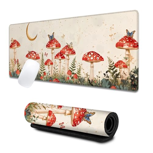 Red Mushroom Large Gaming Desk Mat,Rubber Non-Slip Enchanting Forest Mouse Pad,31.5x11.8x0.12in Extended Butterfly Mousepad,Game Lover Mice Pads Gifts,Office Home Deskmat Decor - color: Mushroom