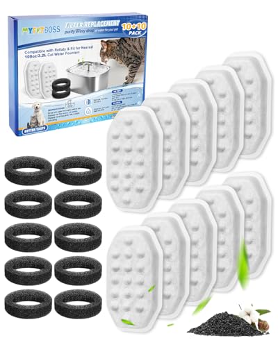 Cat Fountain Filter Replacement, Cat Water Fountain Filters Compatible with Rellaty & Fit for Neareal 3.2L/108oz Fountains, 10PCS Replacement Filters with 10PCS Sponge 10+10 Pack