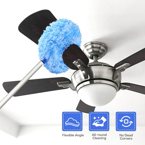 Ceiling Fan Cleaner Duster Reusable Microfiber Ceiling Fan Blade Cleaner Removable Duster with Extension Pole Adjusts 13 to 49.7 Inch for Cleaning Walls Furniture Door Window Top (Blue White) - color: Blue White