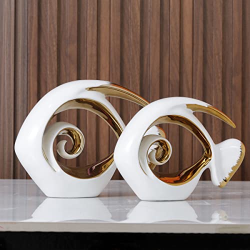 White Gold Ceramic Fish Figurines - Coastal Home Decor, Modern Ocean Centerpieces for Living Room, Dining Area, Bathroom, Office, Coffee Table, Beach House, Nautical, Seaside, Entrance, Shelf Display - color: White, size: Small