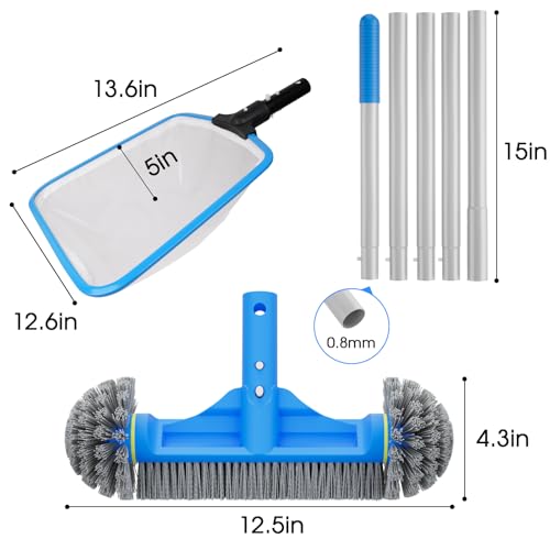 TidyMister 3PCS Cleaning Kit - 12.5'' Brush With Round End & 11'' Skimmer Net Fine Mesh & 5.7 Feet Thick Aluminum Pole 5-Segment, for Above Ground & Inground Pools Ponds - size: 11inch with 5.7ft pole