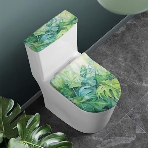 Toilet Tank Lid Cover Replacement with Elastic Bottom Easy to Clean Toilet Covers 2 Pcs Set Universal Fit Toilet Top Covers Bathroom Decoration, Green Monstera Leaf - color: Green Monstera Leaf