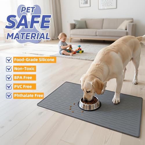 Large Dog Mats for Food and Water, 40"x30" Waterproof Pet Food Mats for Floor Nonslip Silicone Bowl Mats with Raised Edges - color: Gray, size: 40"L x 30"W