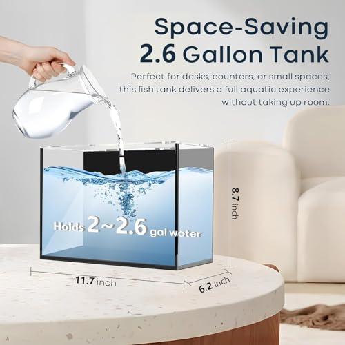 2.6 Gallon Small Aquarium Set Glass Fish Tank, Starter Kit with Heater Water Pump Cleaning System Filter Bright Light Rocks Gravel Cleaning Tool, Leak-Proof Clear Rimless Desktop Spaces Saving Betta