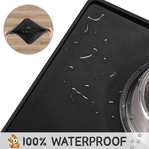 MateeyLife Silicone Cat & Dog Food Mat for Floors Waterproof, Anti-Slip Dog Bowl Mats for Food and Water, Pet Feeding Mats with Lip to Prevent Spills, Pet Placemat for Messy Drinkers to Protect Floors - color: Black, size: 18''×12''