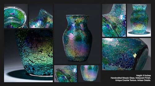 8" Iridescent Crackle Glass Vase, Handmade Deep Teal Green & Violet Mosaic Flower Vase, Dynamic Light-Reactive Art Centerpiece for Home Decor - color: Iridescent Green