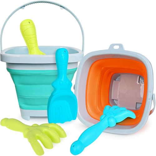GKDOMS Kids Beach Toys Set with Collapsible Bucket, Sand Rake and Shovel, Turquoise and Orange, Ages 2-6, 2pack Travel Toys (Two Mix) - color: Two Mix