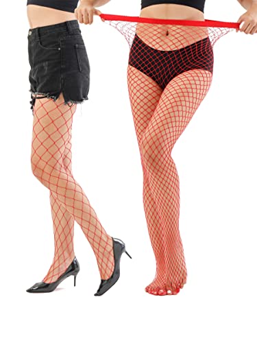 EVERSWE High Waist Fishnet Tights, Thigh High Suspender Stockings - color: Red (Large Grid+medium), size: Large-X-Large