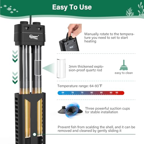 hygger Aquarium Heater,600W/800W Submersible Fish Tank Water Heater Double Quartz Explosion-Proof with Separate Temperature Measurement System for Freshwater Saltwater Tank (800W) - size: 800W