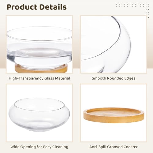 4PCS Lotus Bowl Planter with Wood Tray, 6 Inch Round Glass Vase for Hydroponics, Glass Fish Bowl, Bowl Planter for Plants Indoor Windowsill, Home Decor (4PCS)
