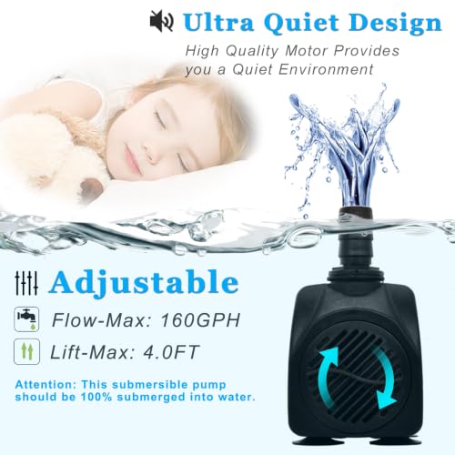 PULACO Small Submersible Pump (160GPH 10Watt), Ultra Quiet Fountain Pump (600L/H) with 3.3 ft Tubing for Aquariums, Pond Fountain, Water Feature, Indoor Fountains