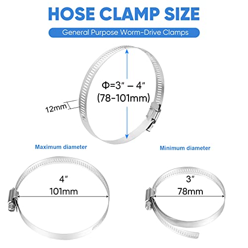 TICONN 12PCS Hose Clamp Set - 3''–4'' 304 Stainless Steel Worm Gear Hose Clamps for Pipe, Intercooler, Plumbing, Tube and Fuel Line - size: SAE #56 12PCS 3"~4"