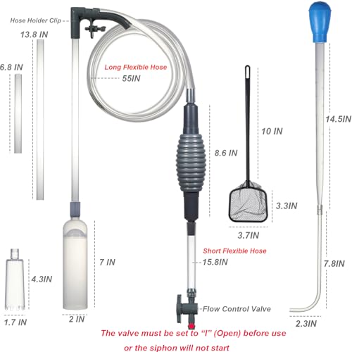 Aquarium Siphon Vacuum Cleaner Kit with Dual Vacuum Tubes, Brush Head, Turkey Baster and Fish Net, Gravel & Sand Cleaner, Aquarium Gravel Vacuum for Water Change and Debris Removal