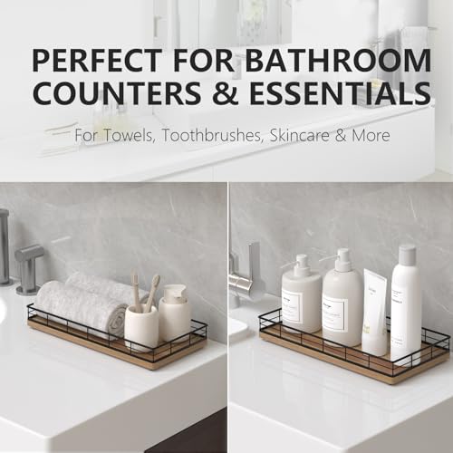 Toilet Paper Basket Organizer – Acacia Wood Toilet Tank Tray with Metal Frame, Bathroom Counter Top Storage for Toilet Paper, Wipes & Decor, Modern Narrow Back of Tank Shelf Organizer, Black & Acacia - color: Black & Acacia, size: 13" x 6.5" x 2"