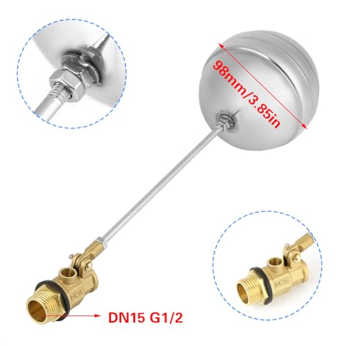 Stainless Steel Float Ball Valves, Water Tank Float Valve Floating Ball Valve Fittings Automatic Water Level Flow Control Sensor Switch Hydraulics for Aquarium Pond Tower DN15 1/2 Inch Male Thread