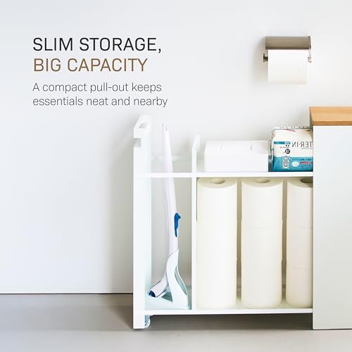 YAMAZAKI Home Pull-Out Bathroom Storage Cabinet – Slim Bathroom Storage Cabinet with Wood Top, Steel Organizer for Toilet Paper and Cleaning Supplies, Modern Space-Saving Design, White - Steel + Wood - color: White