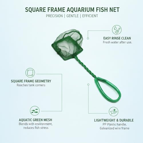 Square Frame Aquarium Fish Net with Green Mesh (1 PC) - size: 7.48 x 2.56 x 2.56"