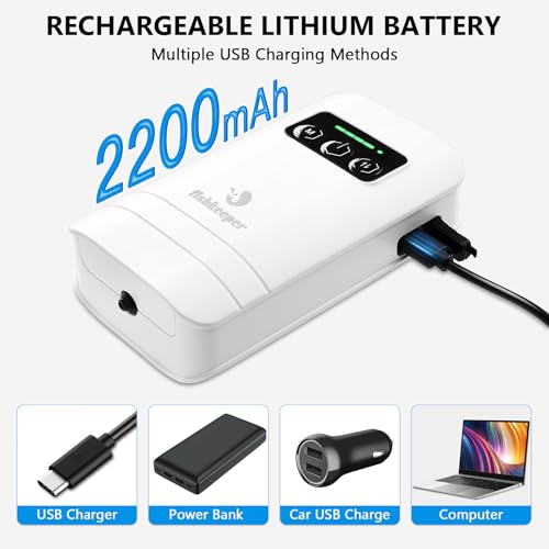 fishkeeper Rechargeable Aquarium Air Pump, Aerator Fish Tank Air Pump Up to 60 Gallons Portable Battery Powered Oxygen Pump with Clip for Most Bait Buckets, Power Outages and Emergency (2W 30GPH) - size: 2W-2200mAh(Single hole)