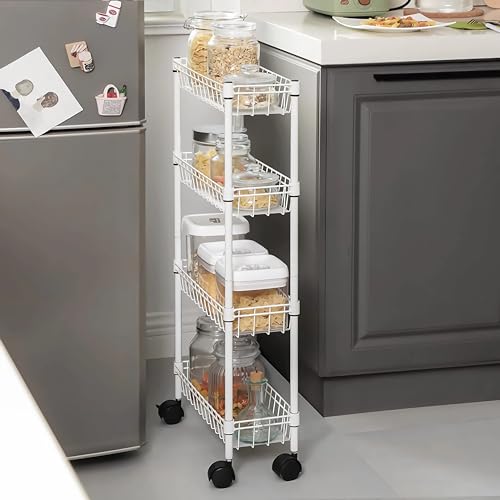NSF white 4-layer storage rack, refrigerator crevice rack, washing machine crevice rack, laundry room dirty clothes storage, multifunctional household epoxy resin deep mesh basket - size: 4-White H basket