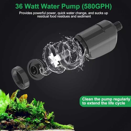 Electric Aquarium Gravel Cleaner,Strong Flow, Multifunctional Water Changer & Filter, Adjustable Silent Motor, Telescopic Tube for Low Water Level & All Tanks（36W,580GPH