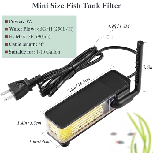 3W Internal Aquarium Filter,Submersible Fish Tank Filter with 66GPH Water Pump for Upto 10 Gallon Small Fish Tanks,Quiet Filter with Rainwater Areator System