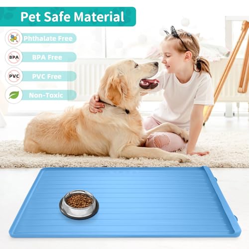 Dog Mat for Food and Water - 39.4" x 27" Large Pet Feeding Mats with Residue Collection Pocket - Waterproof Dog Cat Bowl Mat with High Edges to Prevent Water and Food Spills (Blue, 39.4''x27'') - color: Blue