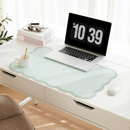 Scalloped Desk Mat, 23.6" x 11.8" Cute Small Aesthetic Desk Accessories, PU Leather Computer Laptop Desk Mouse Keyboard Pad, Desk Writing Mat for Vanity/Work/Home Decor Sage Green - color: Sage, size: 23.6" x 11.8"