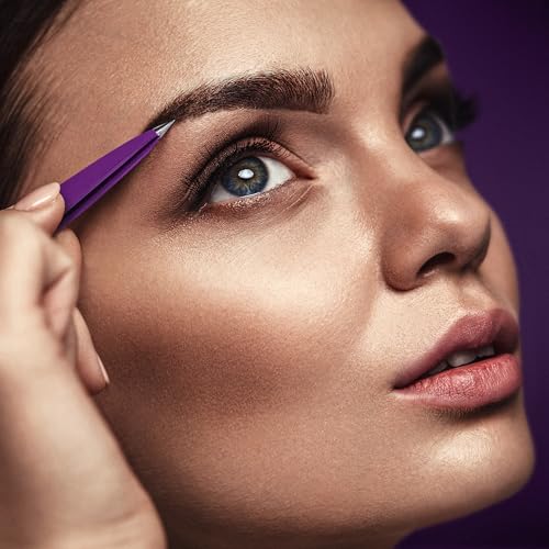 Pointed Tweezers | Stainless Steel | Hand-Filed Point Tips for Ultra Precision | Tweezers for Ingrown Hair & Eyebrows | For Men and Women | Effortless Plucking | Professional | Purple - color: Purple