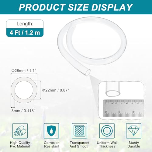 uxcell Clear PVC Tubing, 22mm ID x 28mm OD - 4ft PVC Tube Lightweight Vinyl Hose, Transparent Flexible Plastic Water Tubing for Air Oil Water Transfer Aquarium Irrigation - size: 22mm ID x 28mm OD