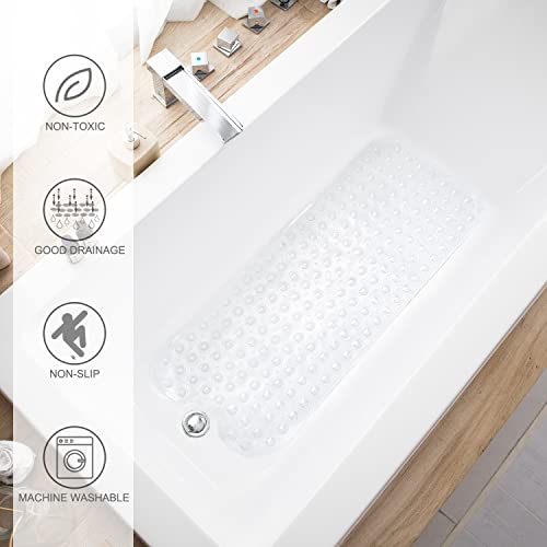TEESHLY Bathtub Mats for Shower Tub, Extra Long Non-Slip 39 x 16 Inch Bath Mat with Drain Holes and Suction Cups, BathMat for Bathroom with Machine Washable (Clear) - color: Clear
