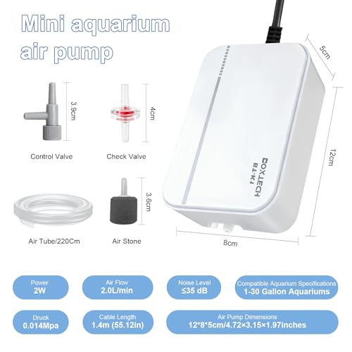 Fish Tank Air Pump - Ultra-Quiet Aquarium Aerator for Fish with Air Stone, Check Valve, Control Valve and Air Tube for 1 to 30 Gallon Tanks