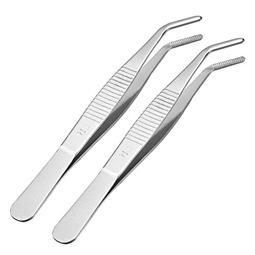 uxcell 2 Pcs 5.5-Inch 430 Stainless Steel Tweezers with Curved Serrated Tip