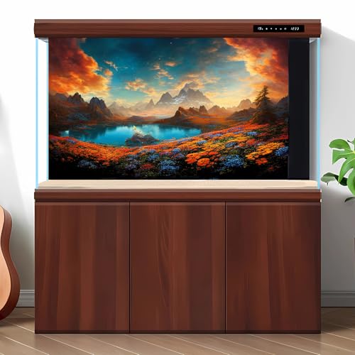 Autumn Theme Aquarium Background Tranquil Lake Blue Sunset Sky Fish Tank Background Colorful Flowers Mountains Clouds Reptile Tank Backgrounds Fall Style Reptile Enclosure Backgrounds Poster 24x12in - color: Red_Blue, size: 24(W)x12(H)inches/ 60(W)*30cm(H