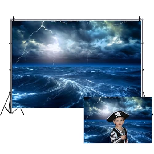 Renaiss 7x5ft Ocean Lightning Backdrop Sea Waves Dark Clouds Sky Night Thunder-Storm Rainy Photography Background for Nautical Baby Shower Kids Birthday Party Banner Photo Studio Props - color: Blue-a, size: 7x5ft
