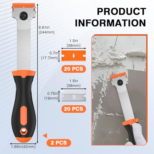 2 Pack Razor Blade Scraper Tool with 20 Metal & 20 Plastic Razor Blades, Multi-Purpose Long Handle Heavy Duty Scraper Tool for Cleaning Cooktop, Oven, Floor, Paint, Tile, and Window Glass