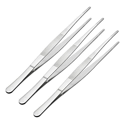 uxcell 3 Pcs 10-Inch Stainless Steel Straight Blunt Tweezers Serrated Tip Daily Garden Tool