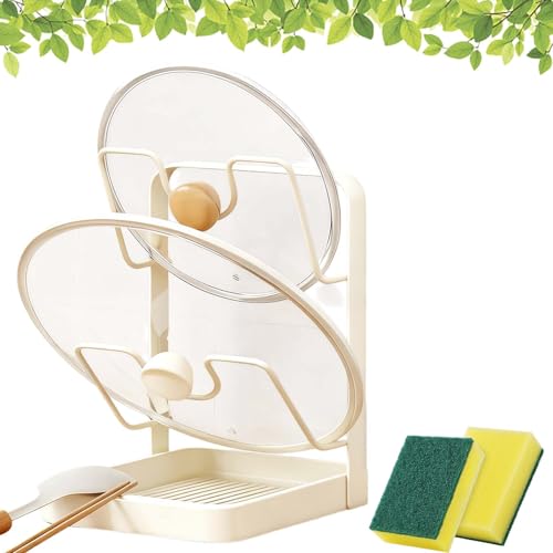 Kitchen Pot Lid Storage Rack, Pot Lid Holder & Organizer for Countertop with Removable Tray, Space Saving pot lid stand (White, Double-Layer) - color: White, size: Double-Layer
