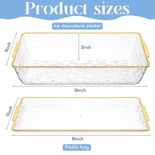 Baderke 2 Set 16" x 9" Plastic Chilled Serving Tray for Parties with Compartments Ice Chilled Party Platter Charcuterie Serving Board Cold Dish Dip for Fruit Seafood Vegetable Appetizer (Gold Rim) - color: Gold Rim