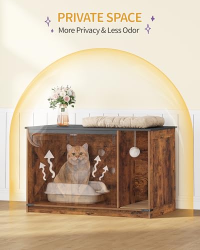 Hzuaneri Cat Litter Box Enclosure, Hidden Litter Box Cabinet Furniture with Bell, Indoor Cats House, Farmhouse Style, 39.4 x 21.7X 24.8 Inches for Hallway, Bedroom, Rustic and Black CB85201X - color: Rustic Brown and Black, size: 39.4"L x 21.7"W x 24.8"H